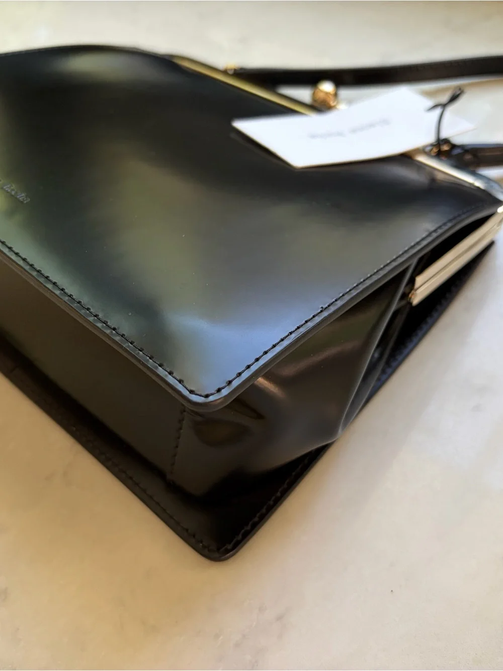 Simone Rocha Black Patent Top-Handle Frame Bag with Gold Hardware
